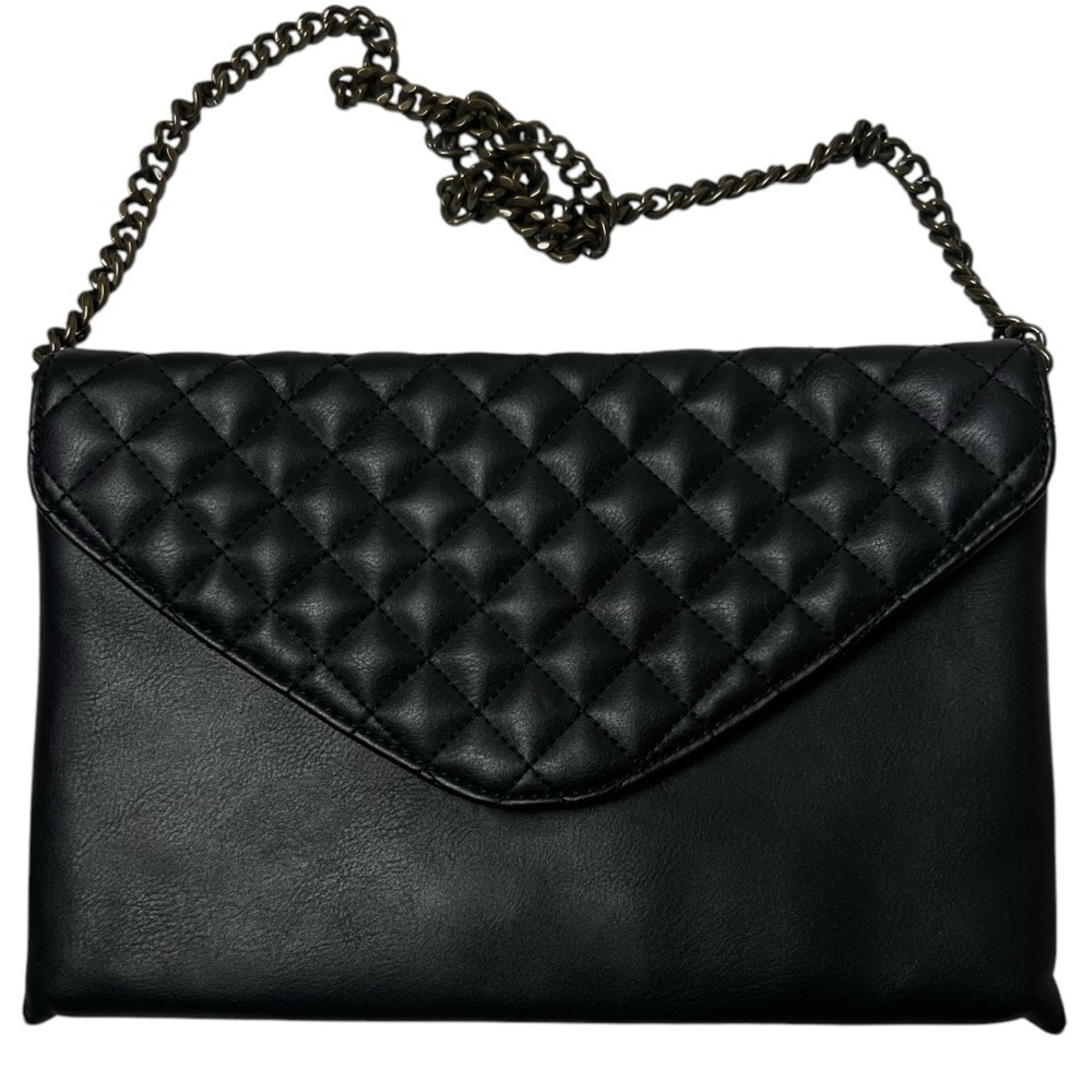J. CREW Quilted Bag Black Faux Leather Envelope Clutch Handbag W/ Chain Strap